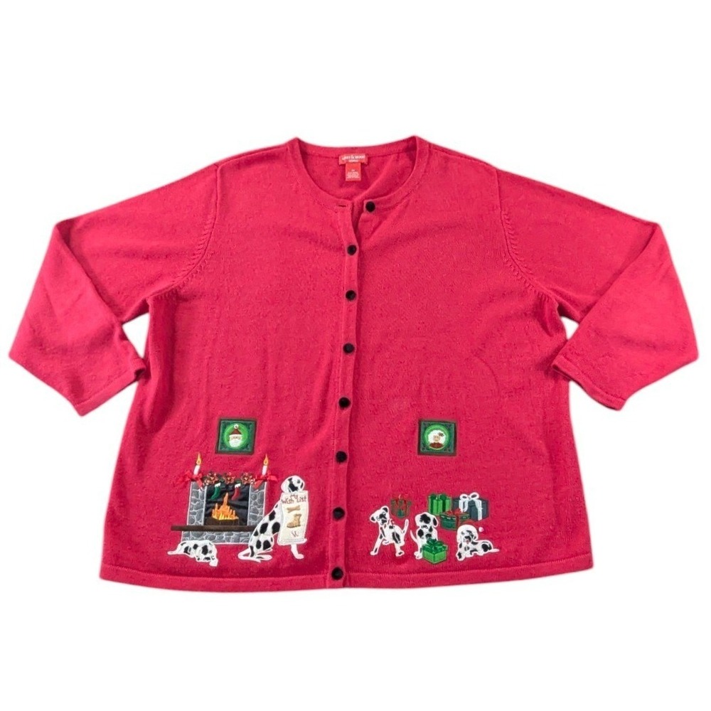 Merry & Bright Red Christmas Dalmatian Dog Cardigan Sweater Women 3X
